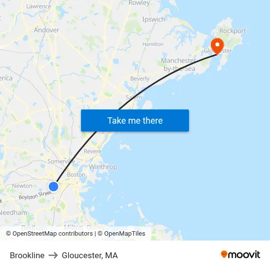 Brookline to Gloucester, MA map