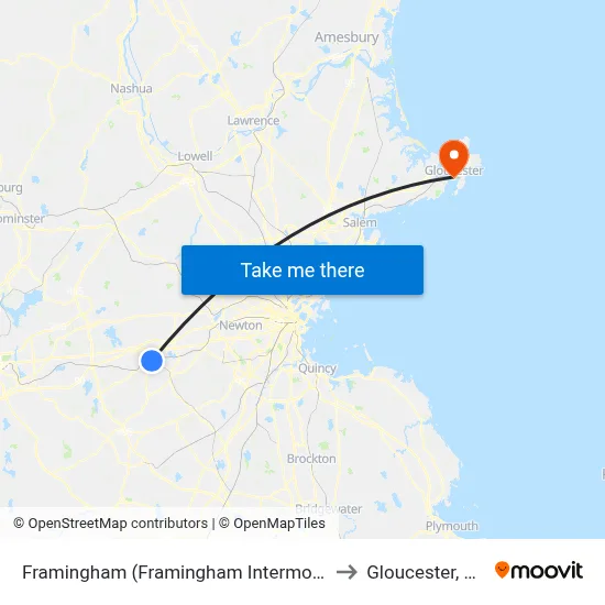 Framingham (Framingham Intermodal) to Gloucester, MA map