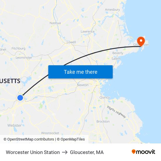 Worcester Union Station to Gloucester, MA map