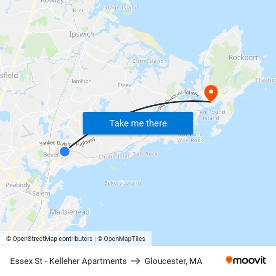 Essex St - Kelleher Apartments to Gloucester, MA map