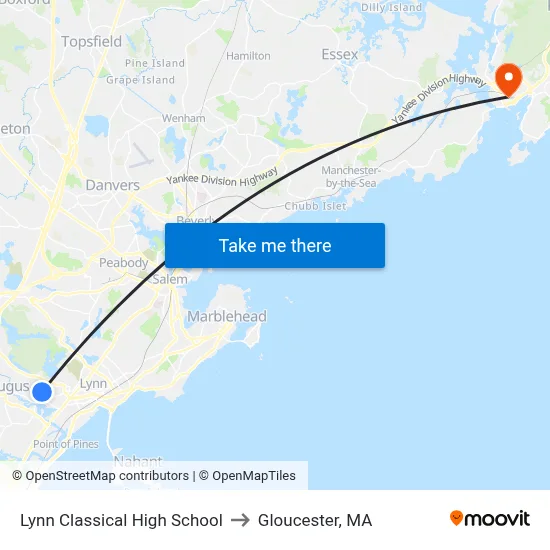 Lynn Classical High School to Gloucester, MA map