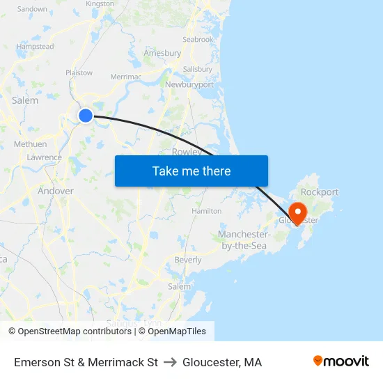 Emerson St & Merrimack St to Gloucester, MA map