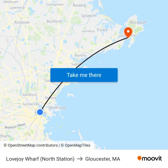 Lovejoy Wharf (North Station) to Gloucester, MA map