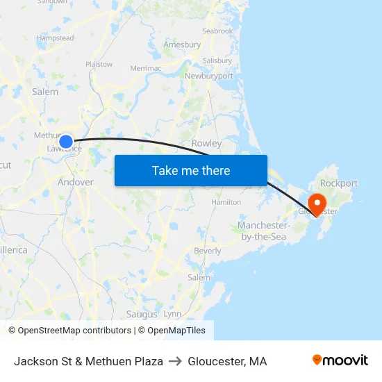 Jackson St & Methuen Plaza to Gloucester, MA map