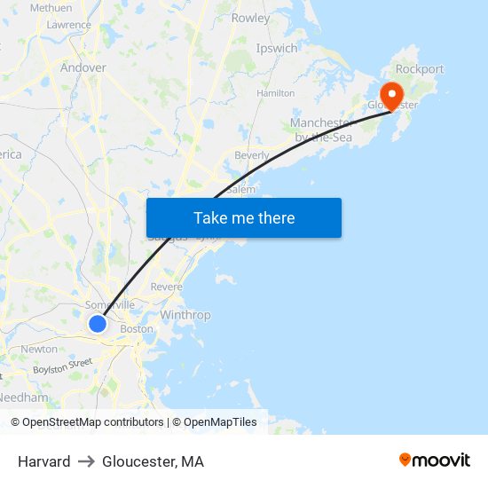 Harvard to Gloucester, MA map