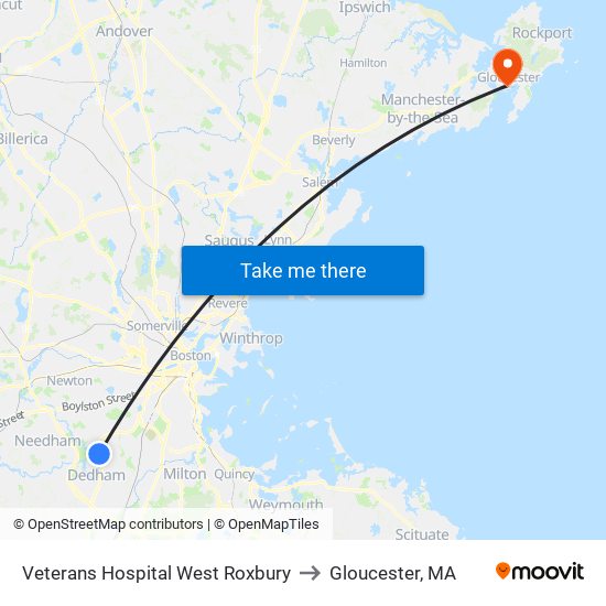 Veterans Hospital West Roxbury to Gloucester, MA map