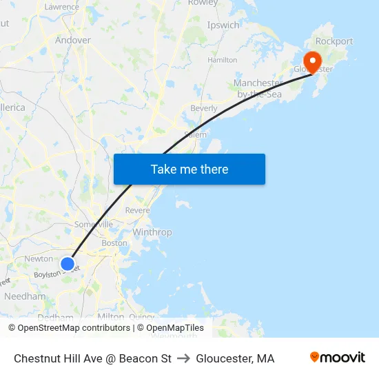 Chestnut Hill Ave @ Beacon St to Gloucester, MA map