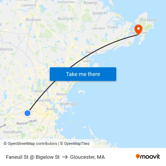 Faneuil St @ Bigelow St to Gloucester, MA map