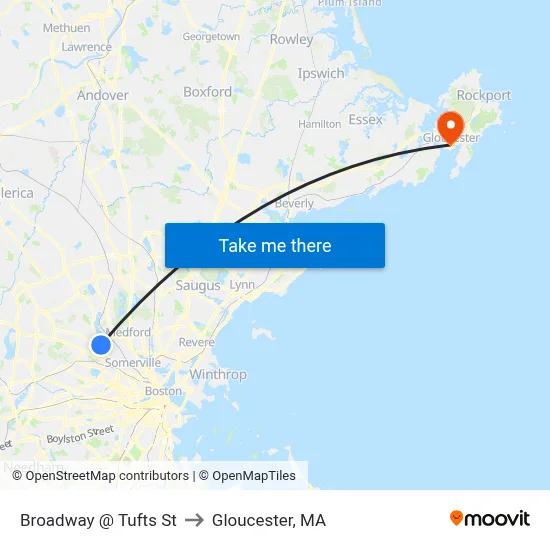 Broadway @ Tufts St to Gloucester, MA map