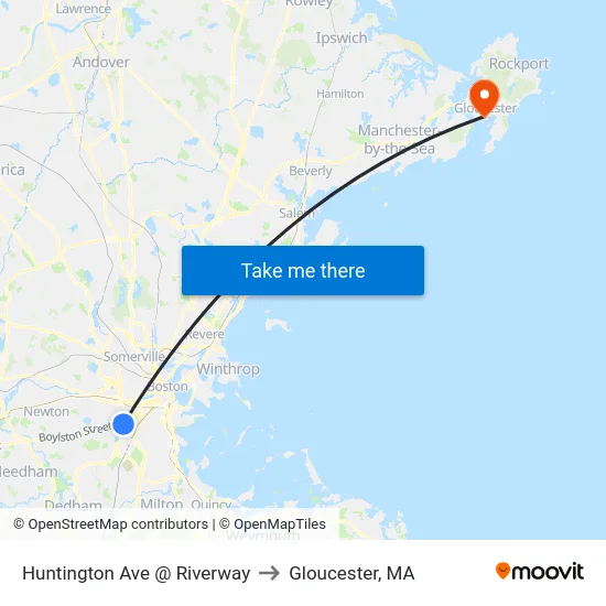 Huntington Ave @ Riverway to Gloucester, MA map
