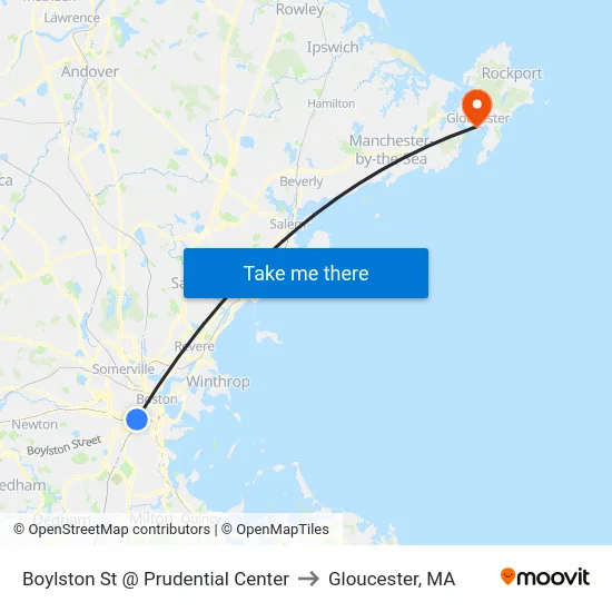 Boylston St @ Prudential Center to Gloucester, MA map