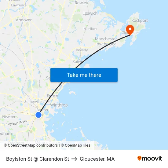 Boylston St @ Clarendon St to Gloucester, MA map