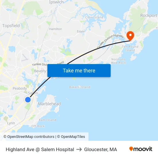 Highland Ave @ Salem Hospital to Gloucester, MA map
