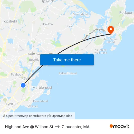 Highland Ave @ Willson St to Gloucester, MA map
