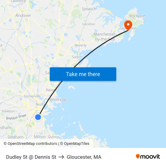 Dudley St @ Dennis St to Gloucester, MA map