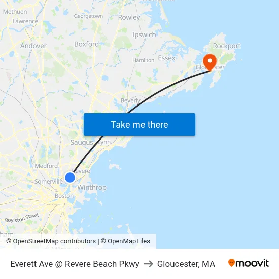 Everett Ave @ Revere Beach Pkwy to Gloucester, MA map