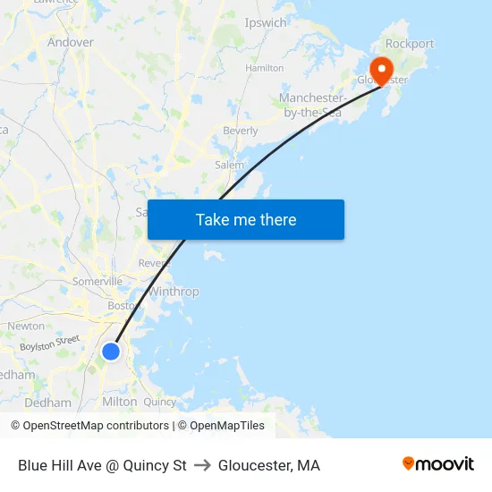 Blue Hill Ave @ Quincy St to Gloucester, MA map