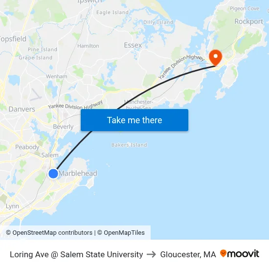 Loring Ave @ Salem State University to Gloucester, MA map