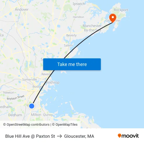 Blue Hill Ave @ Paxton St to Gloucester, MA map