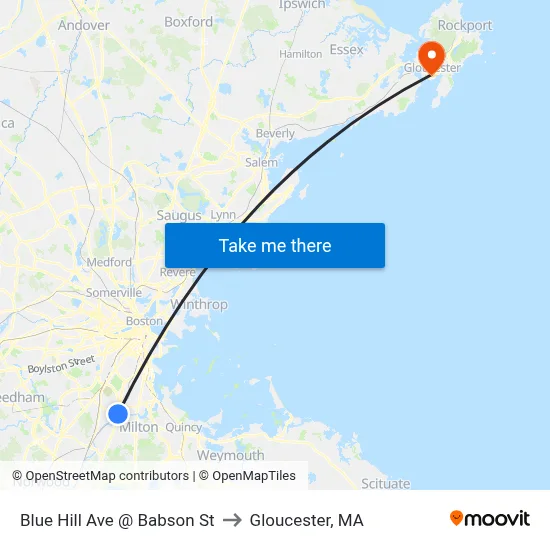 Blue Hill Ave @ Babson St to Gloucester, MA map