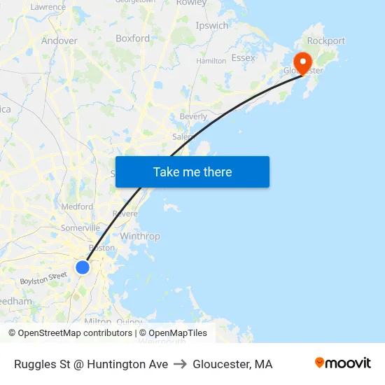 Ruggles St @ Huntington Ave to Gloucester, MA map