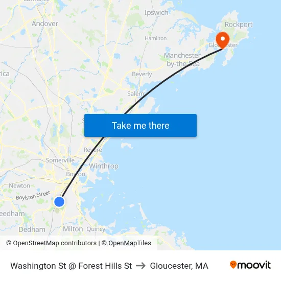 Washington St @ Forest Hills St to Gloucester, MA map