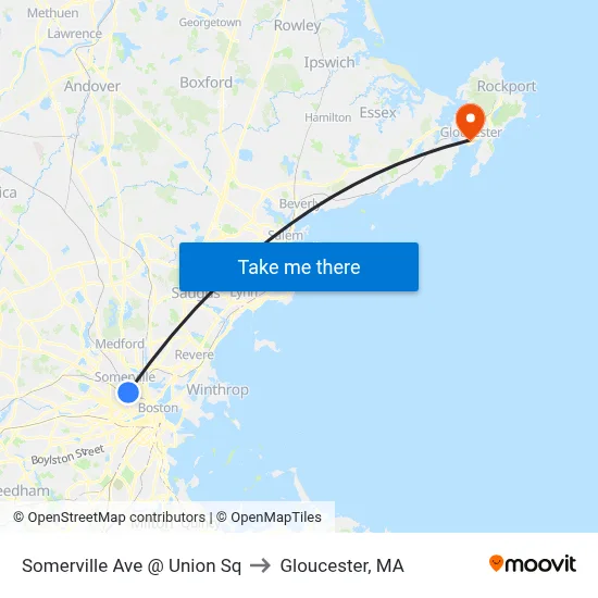 Somerville Ave @ Union Sq to Gloucester, MA map