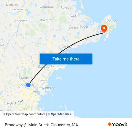 Broadway @ Main St to Gloucester, MA map