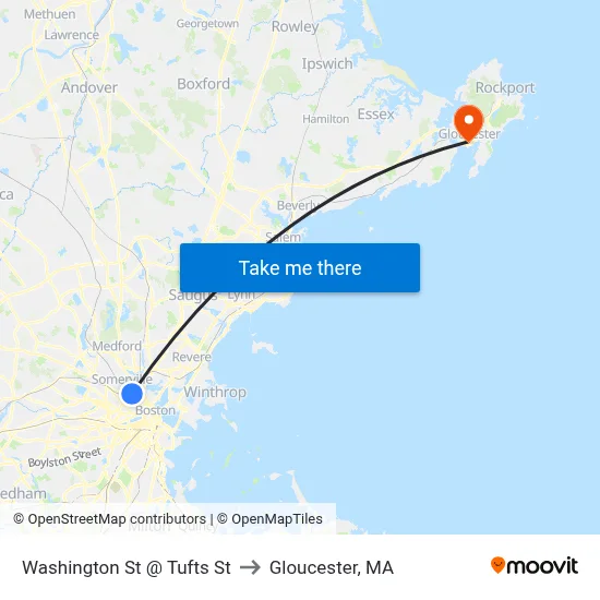 Washington St @ Tufts St to Gloucester, MA map