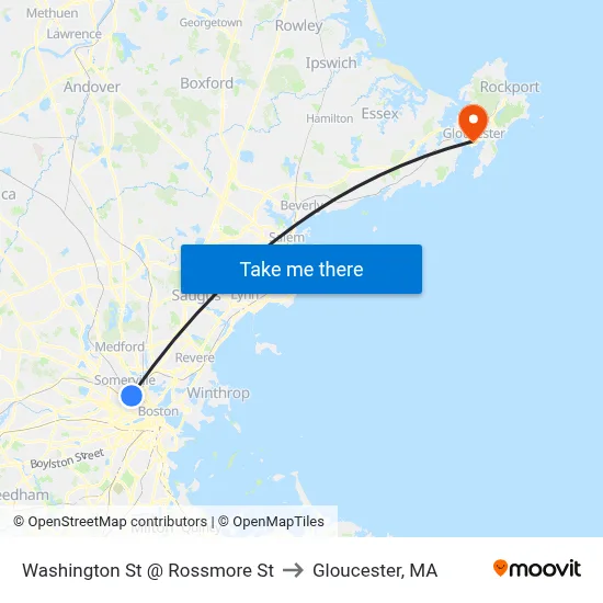 Washington St @ Rossmore St to Gloucester, MA map
