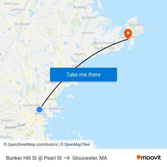 Bunker Hill St @ Pearl St to Gloucester, MA map