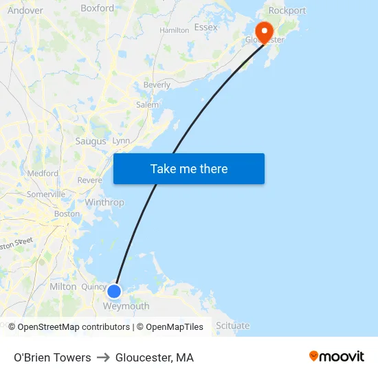 O'Brien Towers to Gloucester, MA map