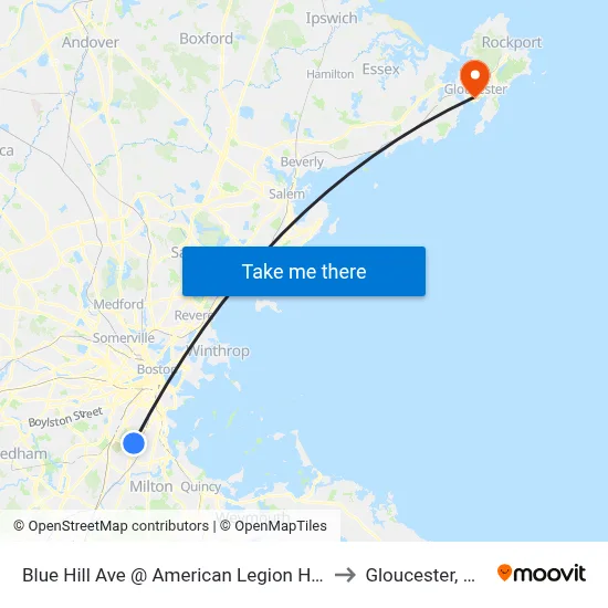 Blue Hill Ave @ American Legion Hwy to Gloucester, MA map