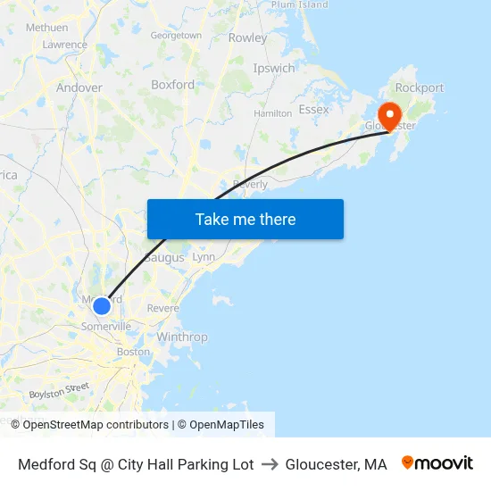 Medford Sq @ City Hall Parking Lot to Gloucester, MA map