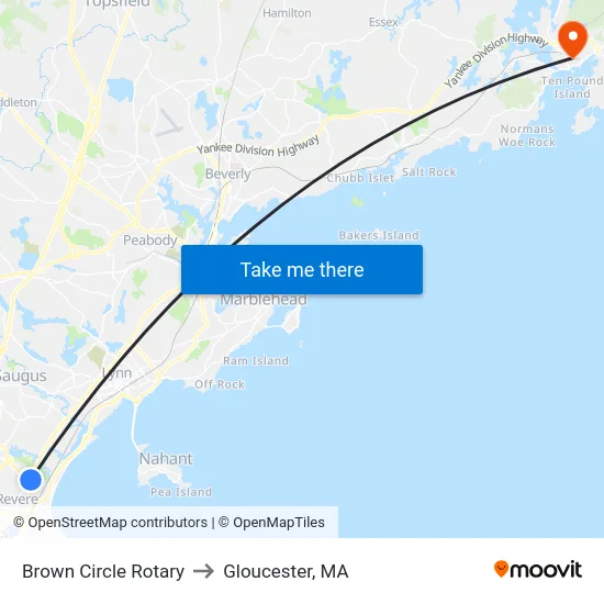 Brown Circle Rotary to Gloucester, MA map