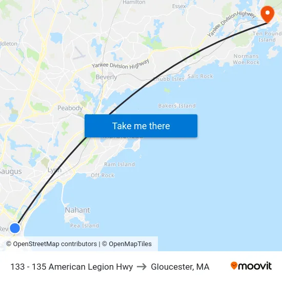 133 - 135 American Legion Hwy to Gloucester, MA map
