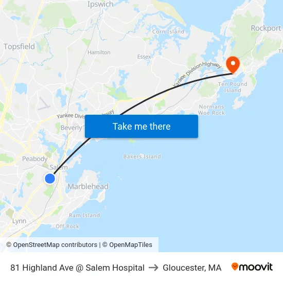 81 Highland Ave @ Salem Hospital to Gloucester, MA map