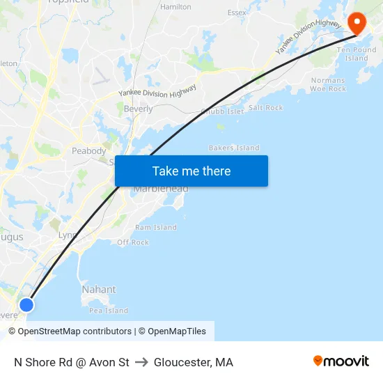 N Shore Rd @ Avon St to Gloucester, MA map