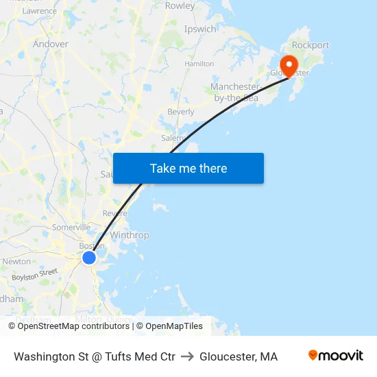 Washington St @ Tufts Med Ctr to Gloucester, MA map