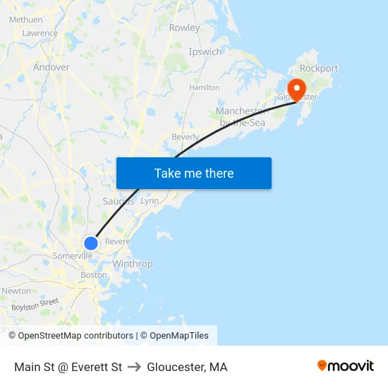 Main St @ Everett St to Gloucester, MA map