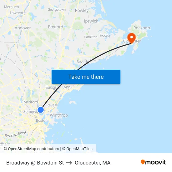 Broadway @ Bowdoin St to Gloucester, MA map