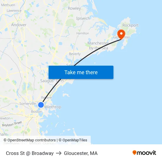 Cross St @ Broadway to Gloucester, MA map