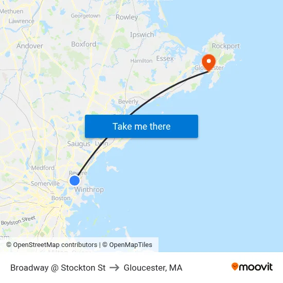 Broadway @ Stockton St to Gloucester, MA map