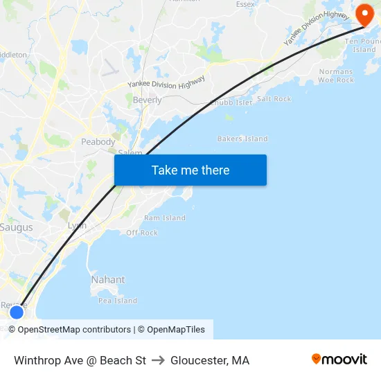 Winthrop Ave @ Beach St to Gloucester, MA map