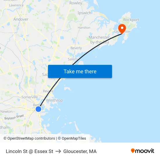 Lincoln St @ Essex St to Gloucester, MA map