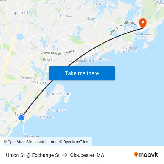 Union St @ Exchange St to Gloucester, MA map
