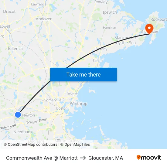 Commonwealth Ave @ Marriott to Gloucester, MA map