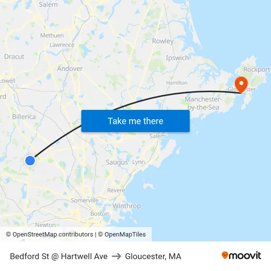 Bedford St @ Hartwell Ave to Gloucester, MA map