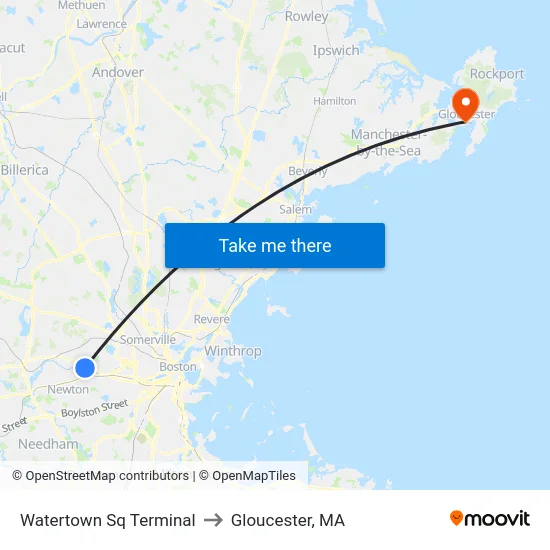 Watertown Sq Terminal to Gloucester, MA map