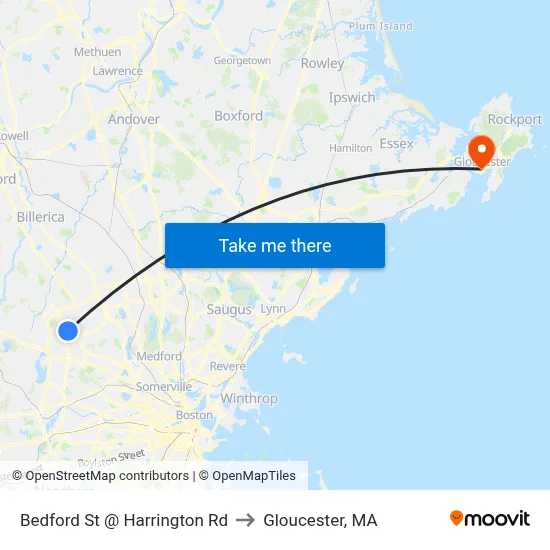 Bedford St @ Harrington Rd to Gloucester, MA map